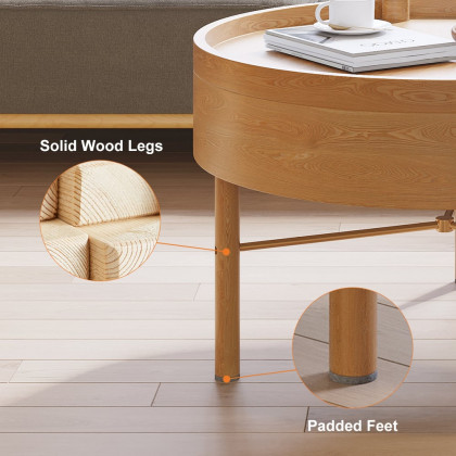 HMR Modern Round Wood Rotating Tray Coffee Table with Storage & Metal Legs - Natural