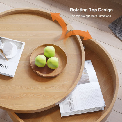 HMR Modern Round Wood Rotating Tray Coffee Table with Storage & Metal Legs - Natural