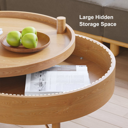 HMR Modern Round Wood Rotating Tray Coffee Table with Storage & Metal Legs - Natural