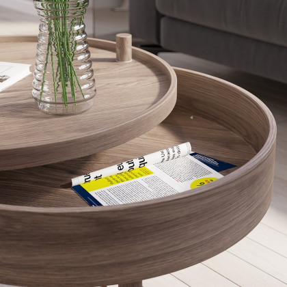 HMR Modern Round Wood Rotating Tray Coffee Table with Storage & Metal Legs - Walnut