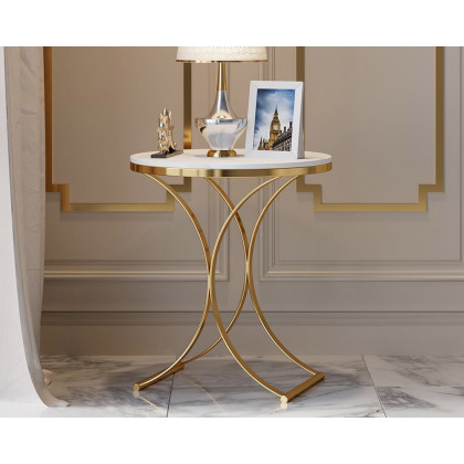 HMR Modern Luxurious Round Side Table - White/Gold, Marble