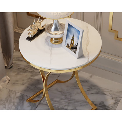 HMR Modern Luxurious Round Side Table - White/Gold, Marble