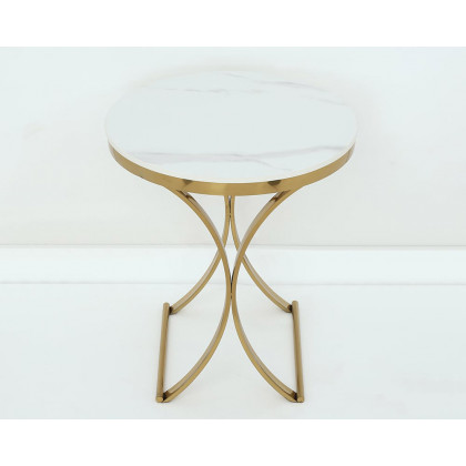 HMR Modern Luxurious Round Side Table - White/Gold, Marble