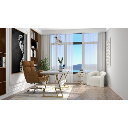 HMR Modern Luxurious Round Side Table - White/Gold, Marble