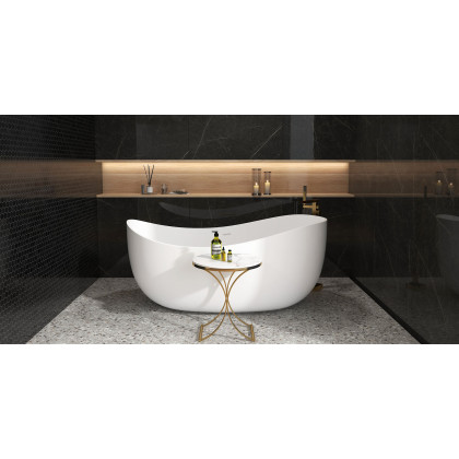 HMR Modern Luxurious Round Side Table - White/Gold, Marble