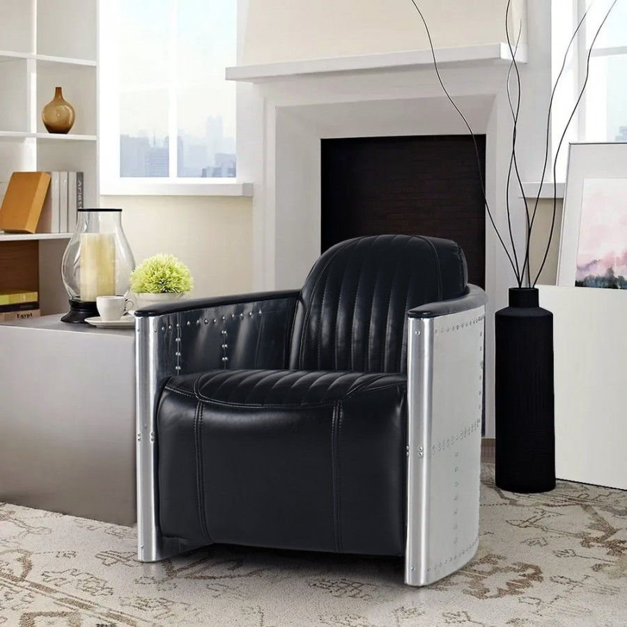 HMR - Zado Series Industrial Loft Barrel Accent Chair with PU Leather Upholstery in Black