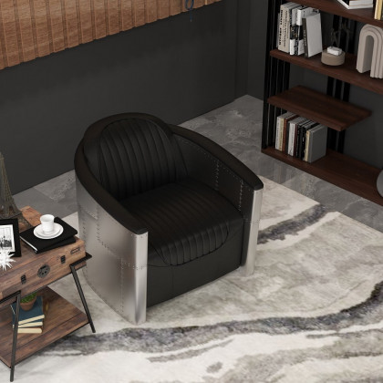 HMR - Zado Series Industrial Loft Barrel Accent Chair with PU Leather Upholstery in Black