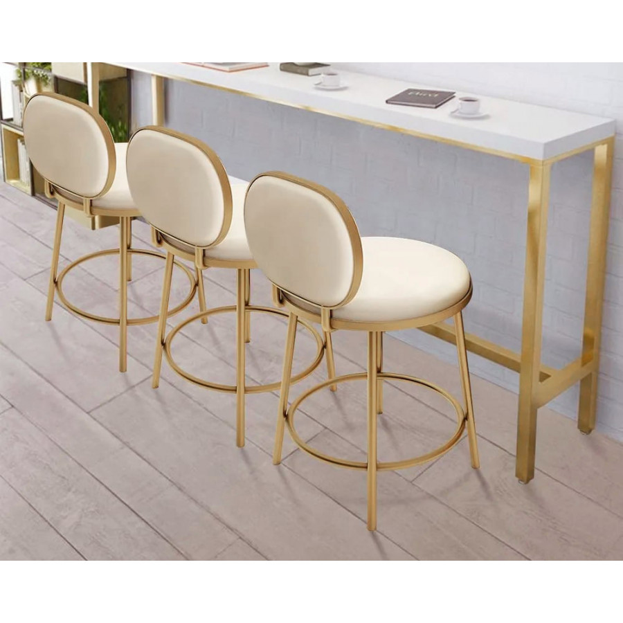 HMR - Modern Upholstery Round Faux Leather Counter Stool with Back in Beige