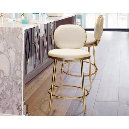 HMR - Modern Upholstery Round Faux Leather Counter Stool with Back in Beige