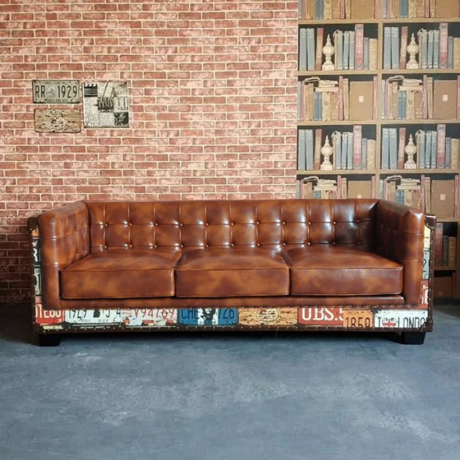 HMR - Industrial Loft 3-Seater Tufted Upholstered Sofa in Brown
