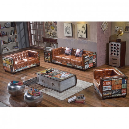HMR - Industrial Loft 3-Seater Tufted Upholstered Sofa in Brown