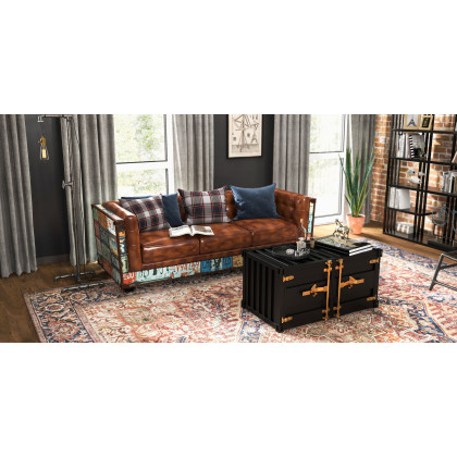 HMR - Industrial Loft 3-Seater Tufted Upholstered Sofa in Brown