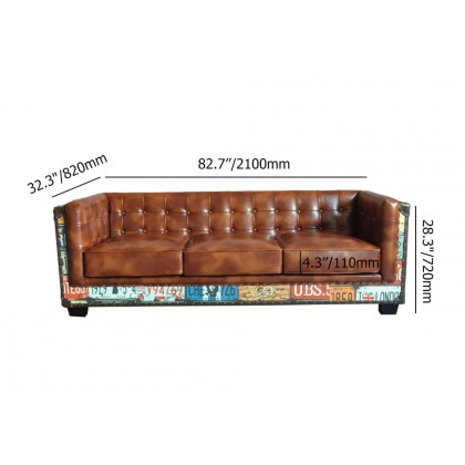 HMR - Industrial Loft 3-Seater Tufted Upholstered Sofa in Brown