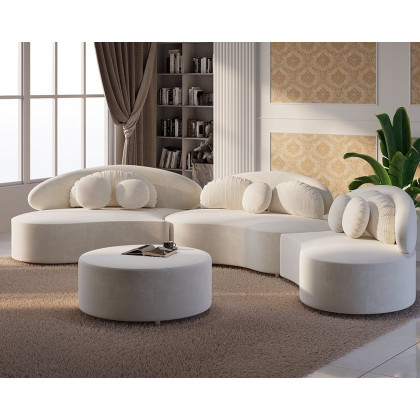 HMR Curved Sectional Sofa with Ottoman & Pillows - Beige, Velvet, 145.7"L x 31.5"W x 30.7"H
