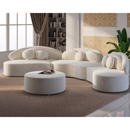 HMR Curved Sectional Sofa with Ottoman & Pillows - Beige, Velvet, 145.7"L x 31.5"W x 30.7"H