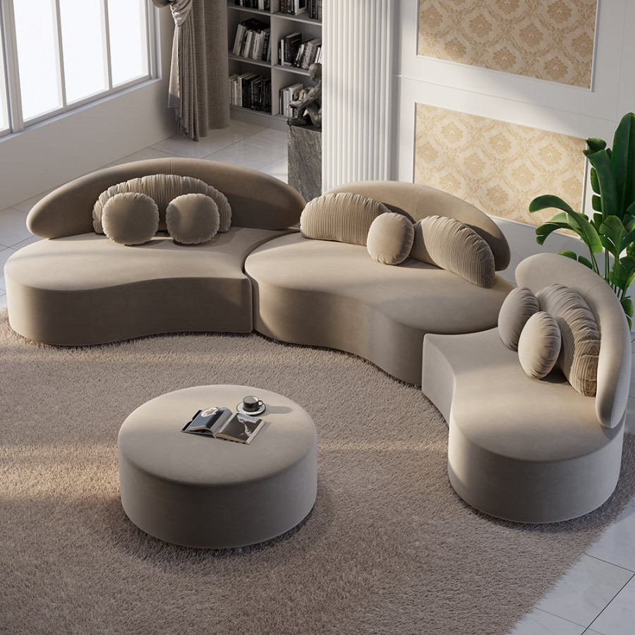 HMR Curved Sectional Sofa with Ottoman & Pillows - Khaki, Velvet, 145.7"L x 31.5"W x 30.7"H