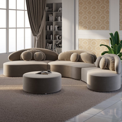 HMR Curved Sectional Sofa with Ottoman & Pillows - Khaki, Velvet, 145.7"L x 31.5"W x 30.7"H