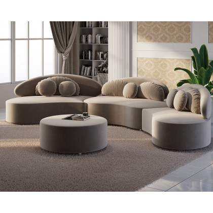 HMR Curved Sectional Sofa with Ottoman & Pillows - Khaki, Velvet, 145.7"L x 31.5"W x 30.7"H