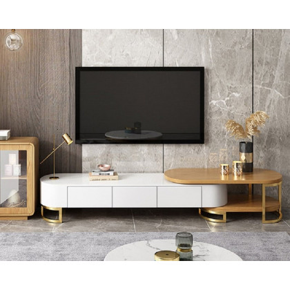 HMR Nesnesis Series Modern Extending TV Stand with Storage - White/Natural