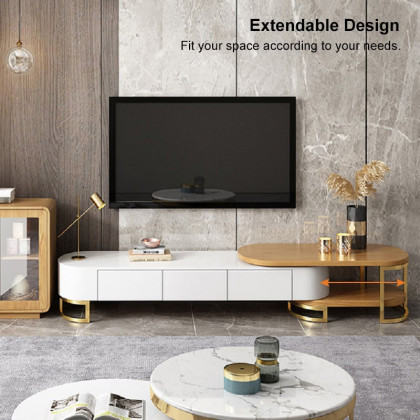 HMR Nesnesis Series Modern Extending TV Stand with Storage - White/Natural