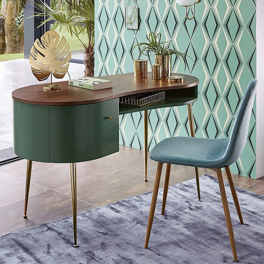HMR - Curved Office Computer Desk with Shelf and Storage in Green and Gold