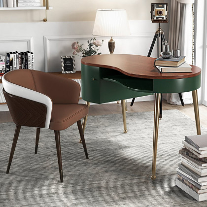 HMR - Curved Office Computer Desk with Shelf and Storage in Green and Gold