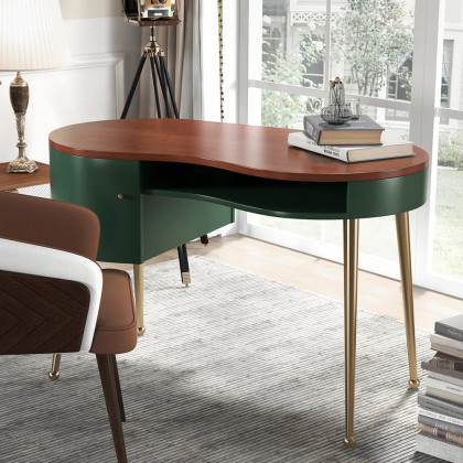 HMR - Curved Office Computer Desk with Shelf and Storage in Green and Gold