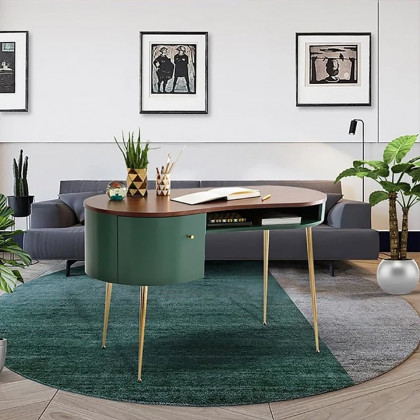 HMR - Curved Office Computer Desk with Shelf and Storage in Green and Gold