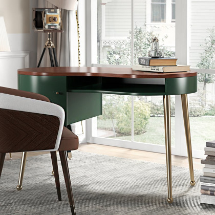 HMR - Curved Office Computer Desk with Shelf and Storage in Green and Gold