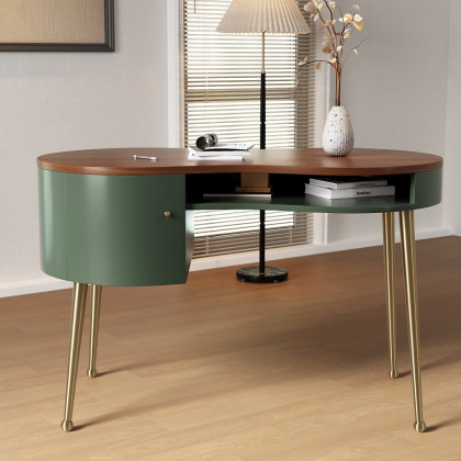 HMR - Curved Office Computer Desk with Shelf and Storage in Green and Gold