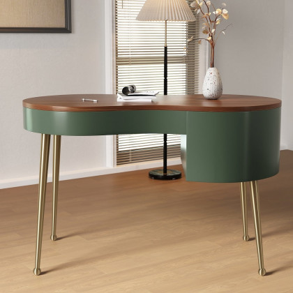 HMR - Curved Office Computer Desk with Shelf and Storage in Green and Gold