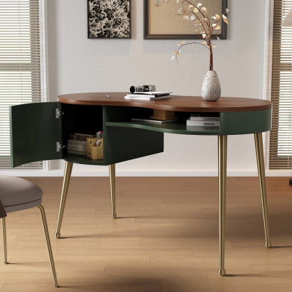 HMR - Curved Office Computer Desk with Shelf and Storage in Green and Gold