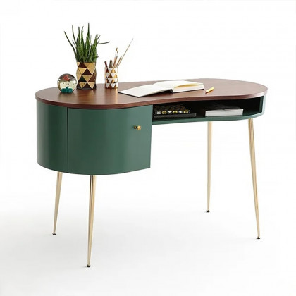 HMR - Curved Office Computer Desk with Shelf and Storage in Green and Gold