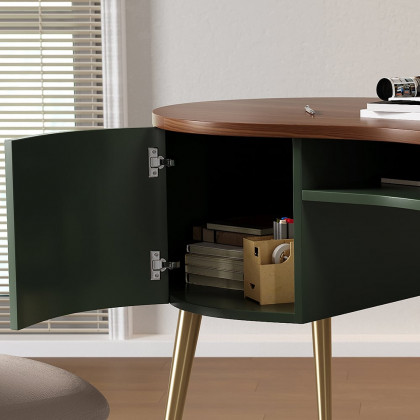 HMR - Curved Office Computer Desk with Shelf and Storage in Green and Gold