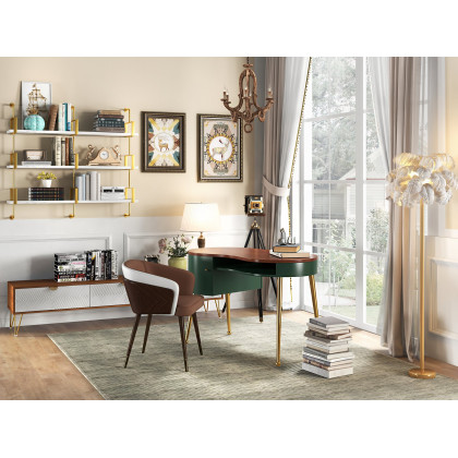 HMR - Curved Office Computer Desk with Shelf and Storage in Green and Gold