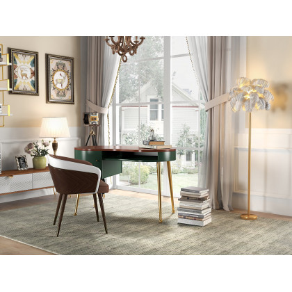 HMR - Curved Office Computer Desk with Shelf and Storage in Green and Gold