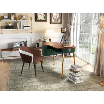 HMR - Curved Office Computer Desk with Shelf and Storage in Green and Gold