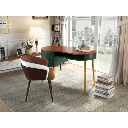 HMR - Curved Office Computer Desk with Shelf and Storage in Green and Gold