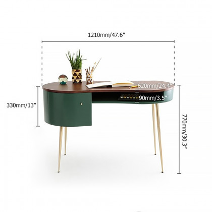 HMR - Curved Office Computer Desk with Shelf and Storage in Green and Gold