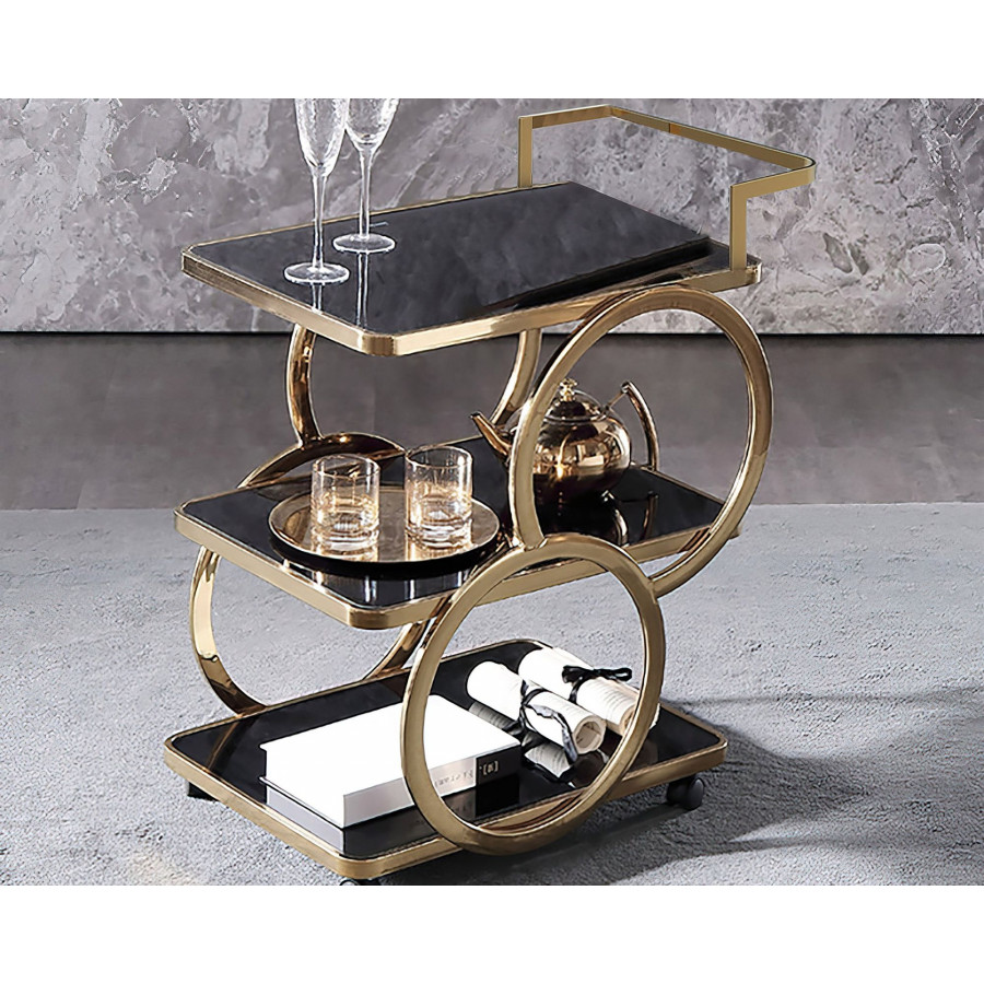 HMR - Modern Rolling 3-Tier Bar Cart on Wheel with Handle in Black and Gold