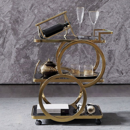HMR - Modern Rolling 3-Tier Bar Cart on Wheel with Handle in Black and Gold