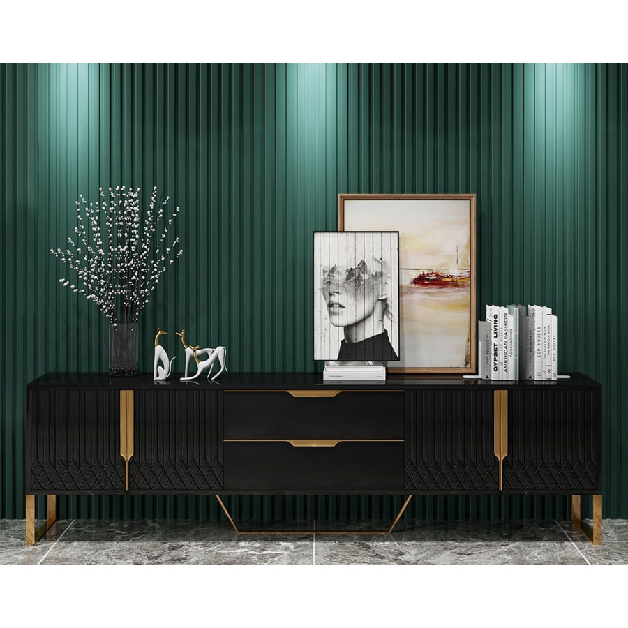 HMR Aro Modern Wood TV Stand with 2 Drawers & 4 Doors Small Media Console - Black, 78.7"W x 15.7"D x 18.9"H