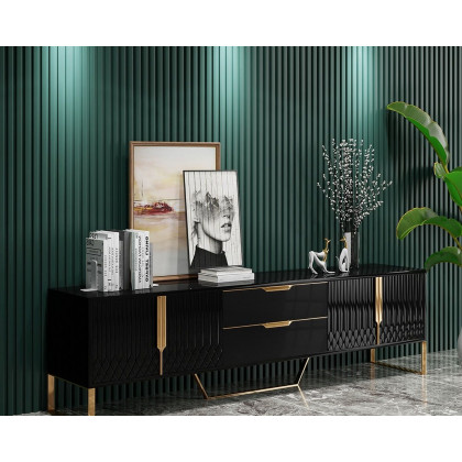 HMR Aro Modern Wood TV Stand with 2 Drawers & 4 Doors Small Media Console - Black, 78.7"W x 15.7"D x 18.9"H