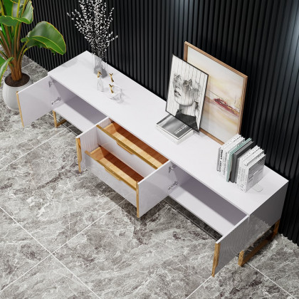 HMR Aro Modern Wood TV Stand with 2 Drawers & 4 Doors Small Media Console - White, 78.7"W x 15.7"D x 18.9"H