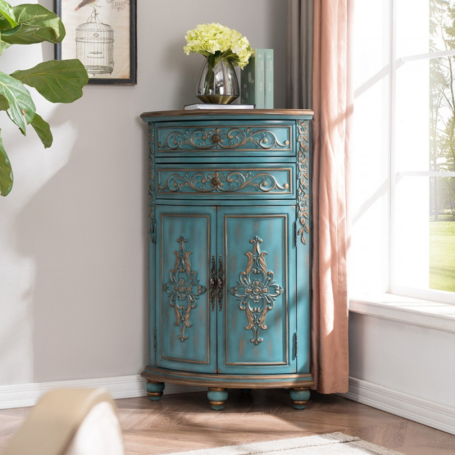 HMR - Carind Triangle Wood Corner Cabinet with 2 Doors and 2 Drawers in Blue