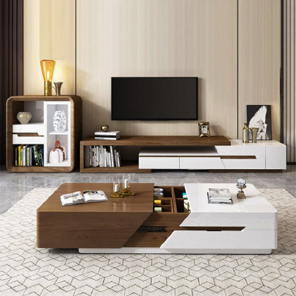 HMR Pinkle Series Modern Extendable TV Stand - White/Walnut