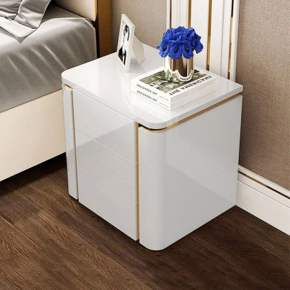 HMR Modern Luxury Square Nightstand with 3 Drawers - White/Gold