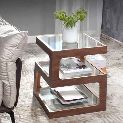 HMR Modern Glass End Table with 3 Tiers - Walnut