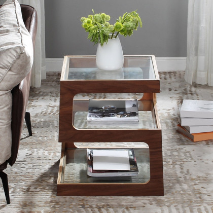 HMR Modern Glass End Table with 3 Tiers - Walnut