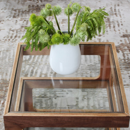 HMR Modern Glass End Table with 3 Tiers - Walnut